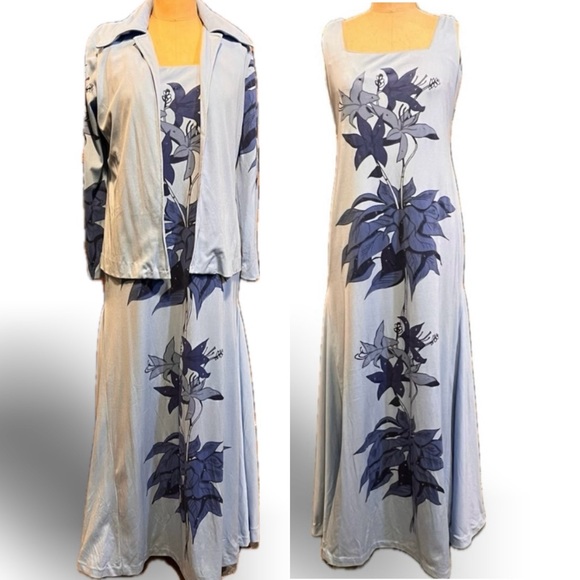 VINTAGE 70s 2 piece set dress jacket full maxi tropical sequin disco‎ collar 60s - Picture 1 of 17